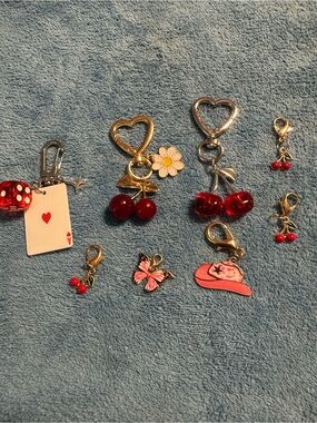 Cherry & Pink Enamel Charm Set - Heart Keyring & Cute Charms small zipper pulls